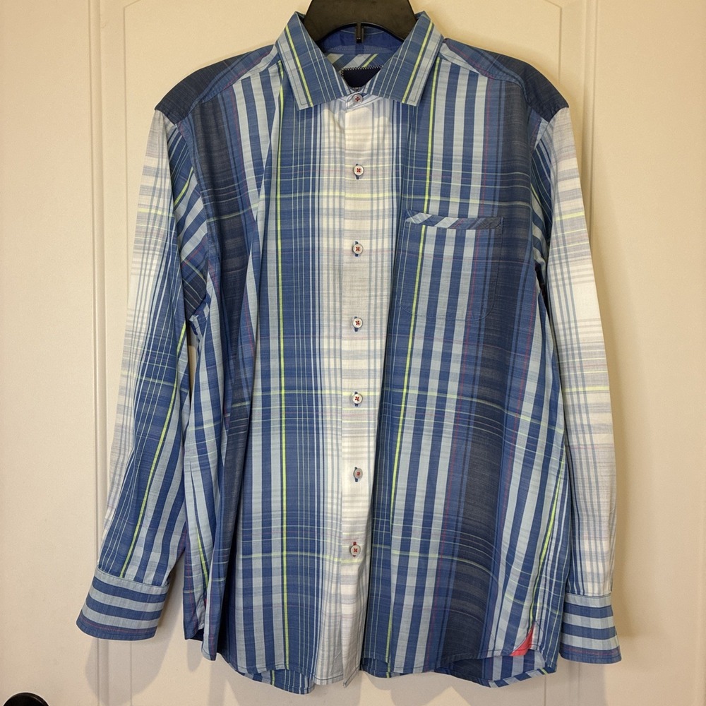 Tommy Bahama Mens Blue Plaid Long Sleeve Button Down Cotton Shirt L